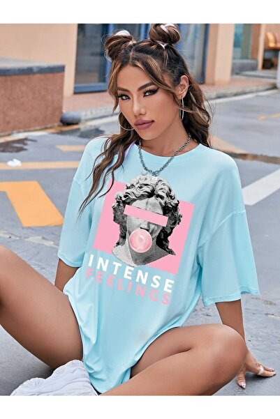 Deocept Tricou Salas supradimensionat pentru femei cu imprimeu Intense Felling Boyfriend