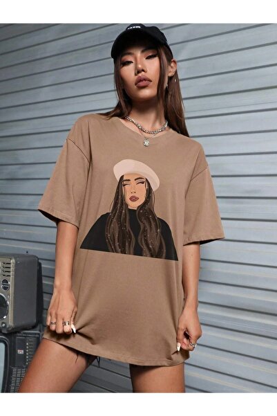 Deocept Γυναικείο μπλουζάκι καφέ Oversize με στάμπα Hat Girl