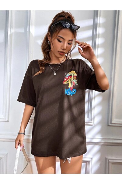 Deocept Γυναικείο υπερμεγέθη καφέ μπλουζάκι με στάμπα με μανιτάρια