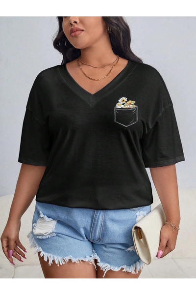 Deocept Decolteu în V, simplu și imprimat, negru/alb, tricou oversize Casual ...