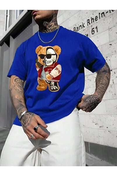 Deocept Half Skeleton Bear Printed Oversize Men's T-shirt Casual Boyfirend