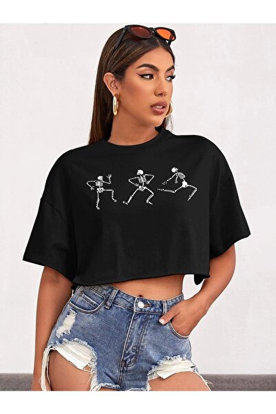 Deocept Γυναικεία Crop Oversize Dancing Skeletons Printed
