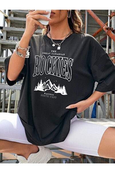Deocept Tricou oversize negru cu imprimeu Rockies Casual Boyfirend