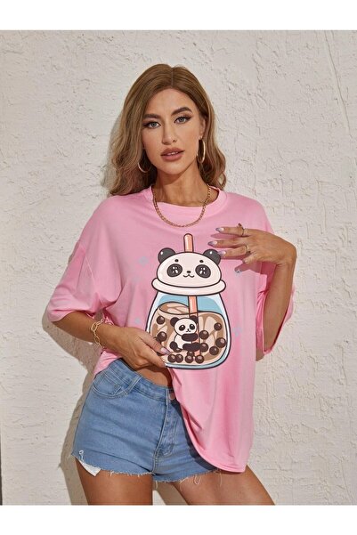 Deocept Panda Printed Pink Oversize T-shirt Casual Boyfirend