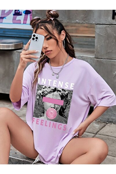 Deocept Tricou Salas supradimensionat pentru femei cu imprimeu Intense Felling Boyfriend