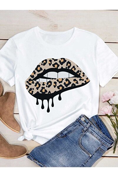 Deocept Tricou oversize imprimat cu buze leopard Casual Boyfirend