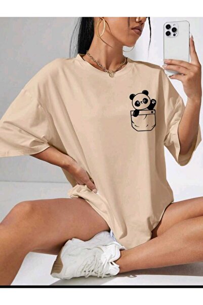 Deocept Γυναικεία Pocket Panda Printed Oversize Casual T-shirt Unisex Boyfirend
