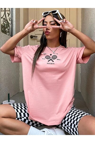 Deocept Tricou oversize imprimat cu mingi de tenis pentru femei roz