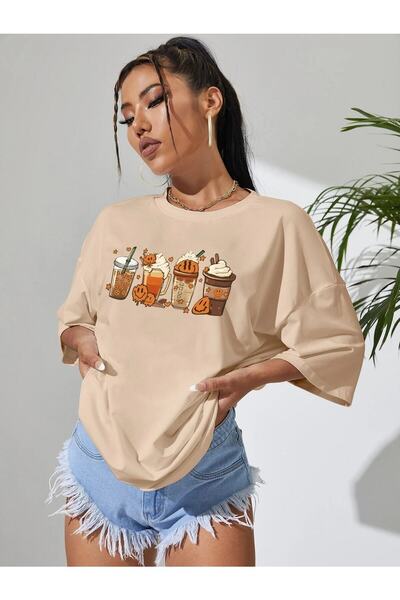 Deocept Toprak Oversize T-shirt Coffee & Cartoon Printed