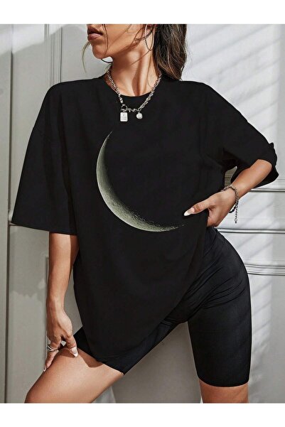 Deocept Moon Printed Black Oversize T-shirt Casual Boyfirend