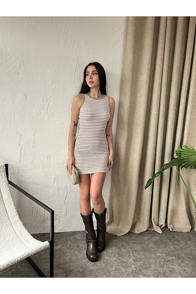Fav Style Γυναικείο κοντό φόρεμα με λαιμόκοψη αμάνικο ριγέ μπεζ