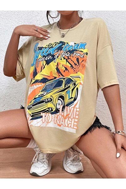 Deocept Beige Oversize T-shirt Speed Team Printed