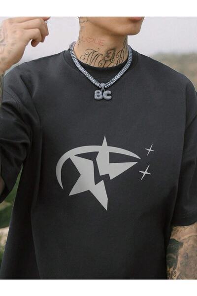 Deocept Men's Oversize T-shirt - STAR Printed, Loose Boyfirend