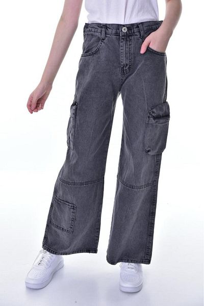 Asortik Kids Girl's 100% Cotton Cargo High Waist Wide Leg Jeans Jean Pants 10 Years-11 Years-12 Years-13 Years-14 Years