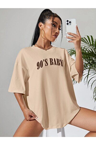 Deocept 90's Baby Printed Γυναικείο μπλουζάκι Oversize Beige Salas Boyfriend