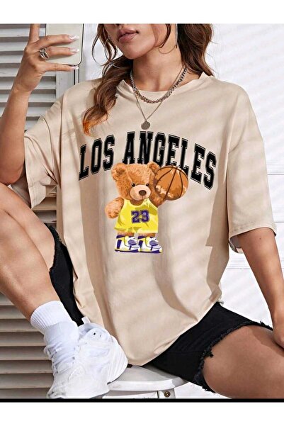 Deocept Γυναικείο LosAngel 23 Printed Oversize Casual Beige T-shirt Unisex Boyfirend