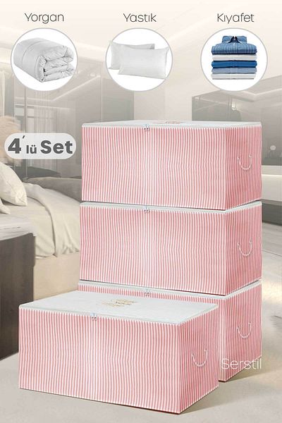 Serstil 4 Pieces - Medium Size Pink Striped Storage Bag 63 X 40 X 34 Cm