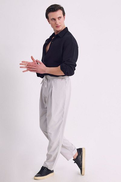 RELAXL Loose Cut Wide Leg Elastic Waist Pleated Men's Baggy Gray Trousers