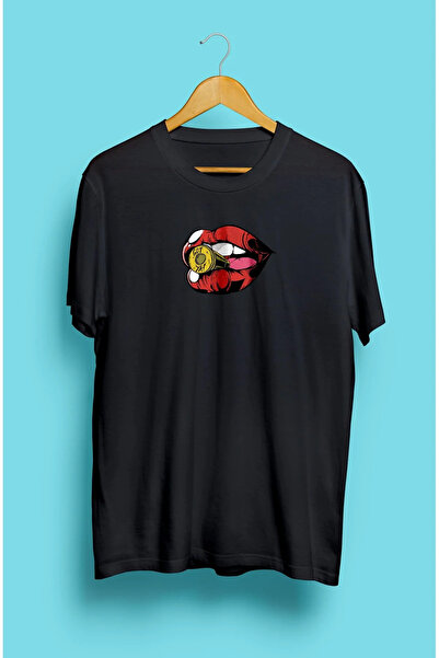 oneagılyazı Unisex Bullet Lip Printed Oversize Μαύρο T-shirt