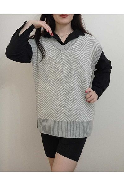 moda mh FASHION MH V-NECK FISH BACK GRAY STONE SUITER