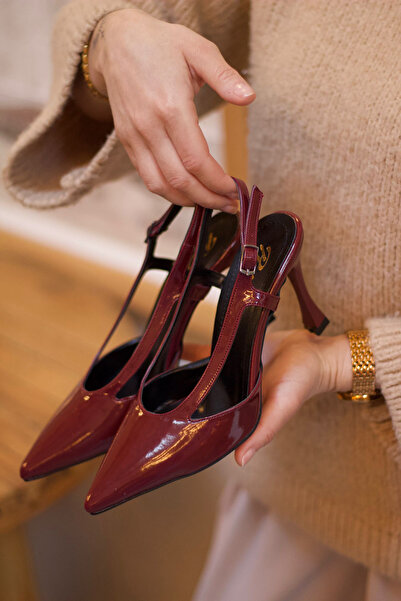 Minaj Store Ferry Burgundy Patent Leather Ankle Women's Heeled Shoes