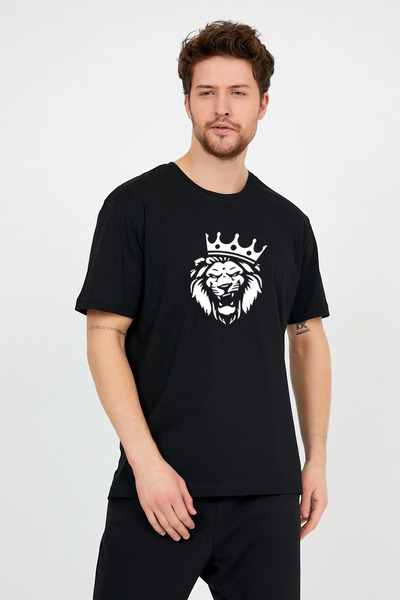 oneagılyazı Unisex prednji lav Štampano Oversize kroj crna T-shirt