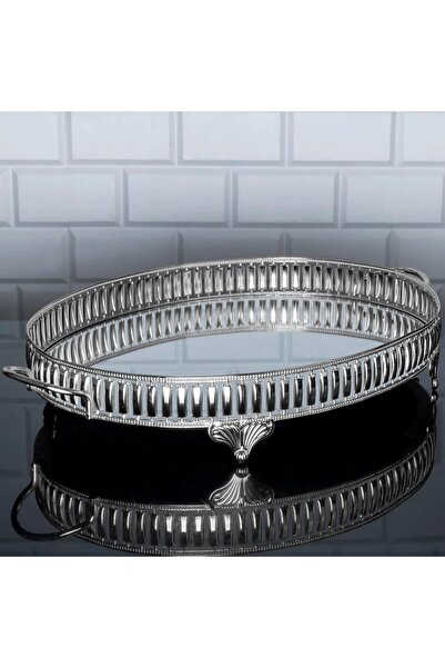 Hinora Hürrem Tavă mare ovală cu oglindă cu mâner metalic Prezentator Tavă de...