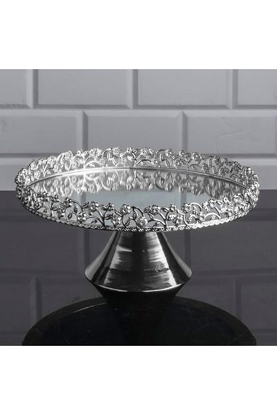 Hinora Diamond Stone Metal Leg Round Presentation Stand with Stone Jardiner Mirrored Cake Stand 25cm Silver