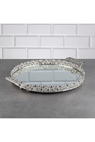 Hinora Diamond Stone Tavă Mijloc Rotunda Oglindă Mâner Metalic Suport Prezentare Tavă Ciocolată Argintiu 30 Cm