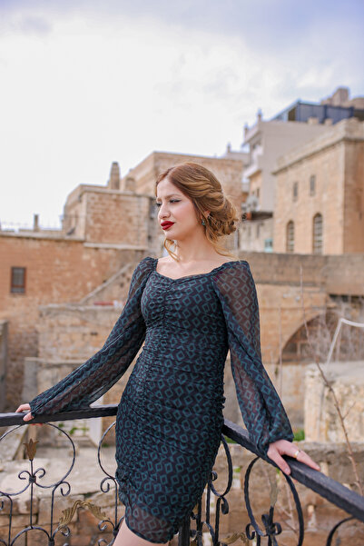 zenne Milenass Kalp Yaka Şifon Elbise Koyu Yeşil