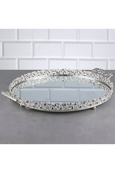 Hinora Tavă rotundă mare cu diamante și pietre prețioase, cu mâner metalic în oglindă, tavă de servire pentru cafea, argintiu 35 cm
