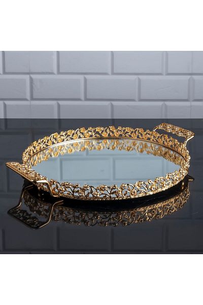Hinora Diamond Stone Στρογγυλός Δίσκος Μεσαίος Δίσκος Παρουσίασης με Καθρέφτη Μεταλλική Λαβή Δίσκος Σοκολάτας Χρυσός 30 εκ.