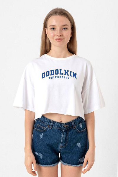 Tshirthane Bílé dámské tričko Gen V Godolkin University Letter Crop