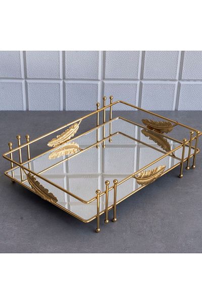 Hinora Φύλλο Μεγάλος Δίσκος Παλάτου 26x36x10 εκ. Καθρέφτης Μεταλλικός Δίσκος Παρουσίασης Τσαγιού Jardinyer Χρυσός