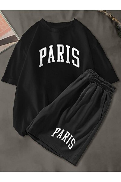 over head oh طقم تي شيرت قصير كبير الحجم مطبوع عليه باريس أسود للجنسين