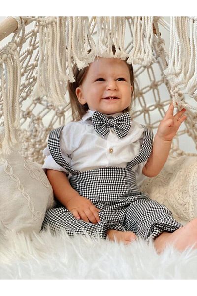 AybiKids Houndstooth Salopet White Shirt And Bow Tie Set Children's And Baby Clothing Boys Girls Holiday Gift