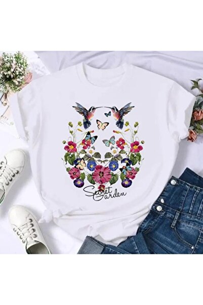 GALASHOP تي شيرت نسائي ملون بطبعة بتلات الفراشة بأكمام قصيرة Mod96