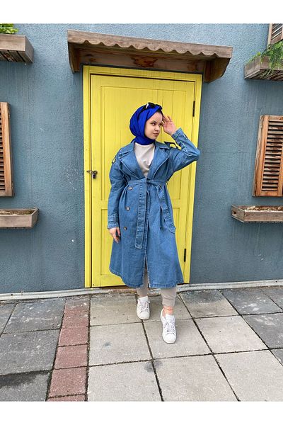 sermin şahinkaya butikalben Women's Long Jean Trench Coat - Jean Trench Coat