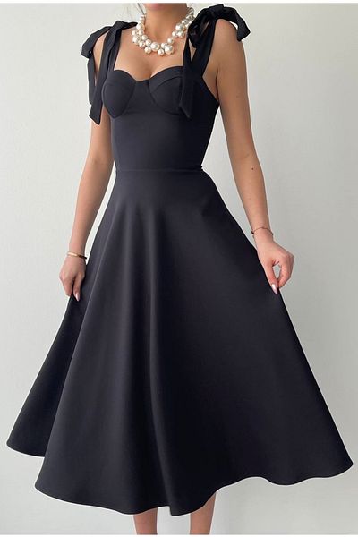 vuvutasarım Atlas Fabric Padded Midi Length Flared Cut Black Evening Dress with Tiers 166