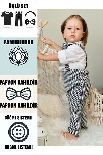 AybiKids Houndstooth Salopet White Shirt And Bow Tie Set Children's And Baby Clothing Boys Girls Holiday Gift