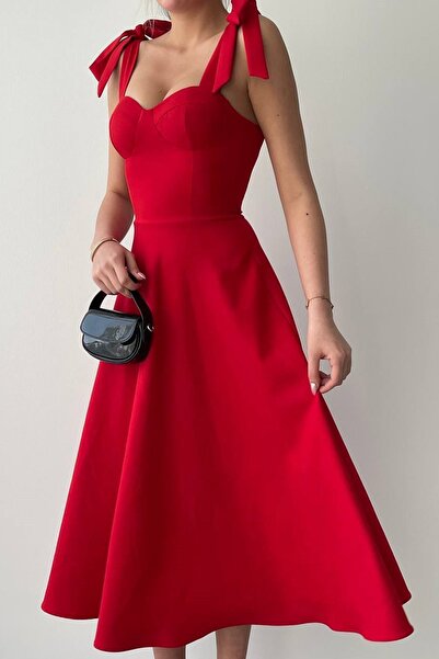 vuvutasarım Atlas Fabric Padded Midi Length Flared Cut Red Evening Dress with Tiers 166