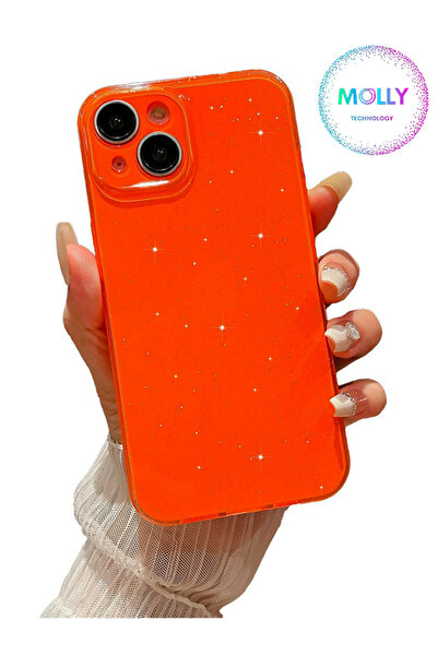 Molly iPhone 14 PLUS İçin Turuncu Berry Simli Parlak Silikon Kılıf