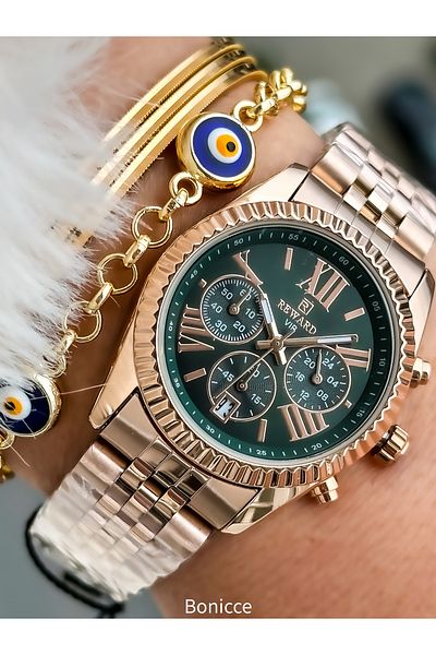 Reward Brand Steel Cord, Special Locking System, Rose Elegant Women's Wristwatch Evil Eye Beaded Bracelet