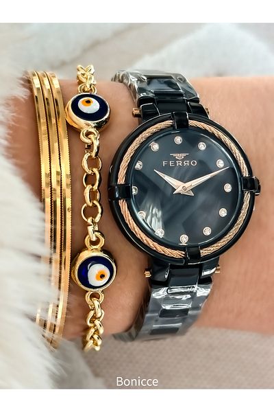 FERRO Black Color, Waterproof, Steel Strap Women's Wristwatch + bracelet