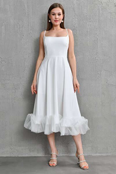 lovebox Atlas Kumaş İnce Askılı Etek Kısmı Tül Detaylı Kloş Kesim Midi Boy Beyaz Abiye Elbise 9326