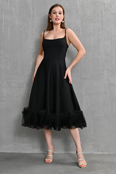 bayansepeti Atlas Kumaş İnce Askılı Etekucu Tül Detay Midi Boy Kloş Kesim Siy...