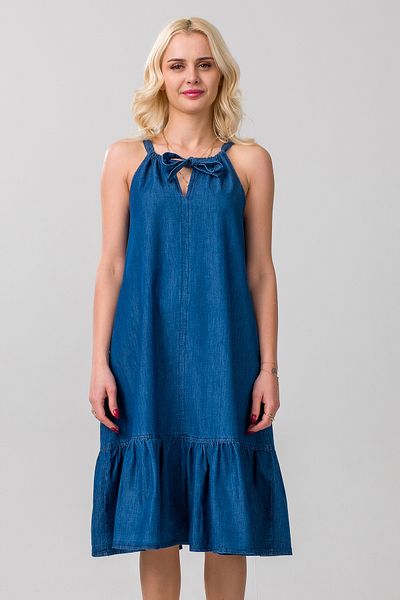 Bold & Young Rochie țesută din denim fără mâneci pentru femei, de culoare indigo, cu șnur