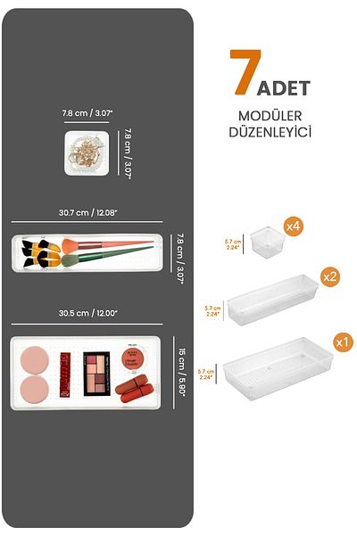 Meleni Home مجموعة منظم وحدات مكونة من 7 قطع - منظم ملحقات مستحضرات التجميل شفاف