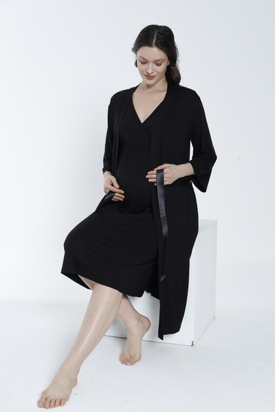 Miss Dünya Lissa Pregnant and Maternity Nightgown Set with Dressing Gown Suitable for Breastfeeding