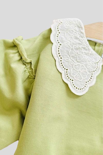 dinamik çocuk Girl's Embroidered Collar, Elastic Legs, Unprinted, Ruffle Detailed, Oversize, Two-Bottom-Top Children's Set